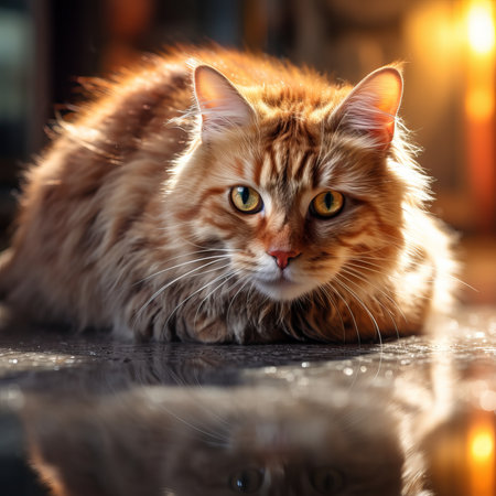 Red Maine Coon cat lying on the floor and looking at the cameraの素材