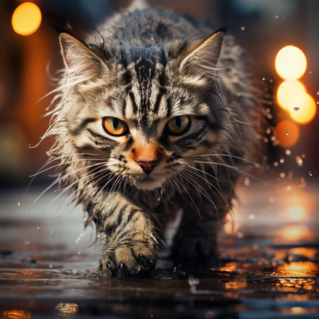 Portrait of a Maine Coon cat in the rain at nightの素材