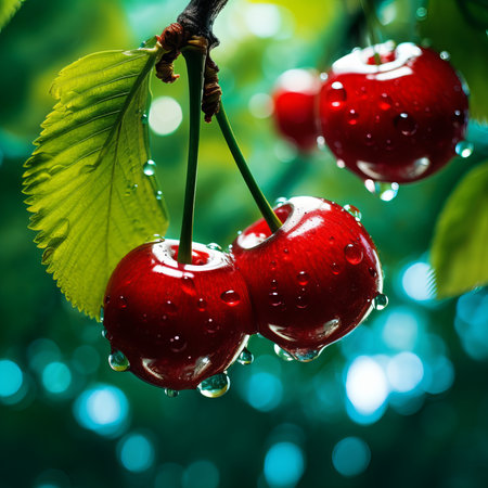Cherries on a branch with drops of water on a green backgroundの素材