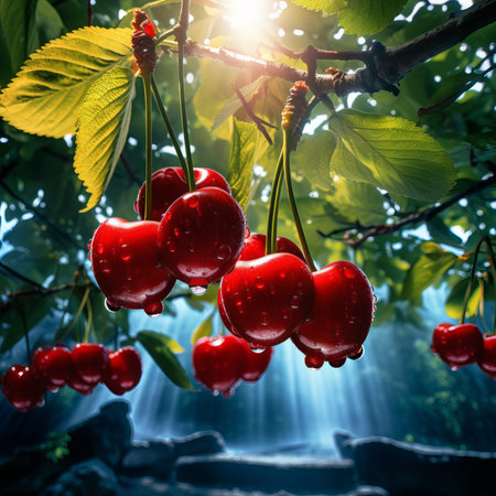 Ripe red cherries on a branch in the sunlight. summer backgroundの素材