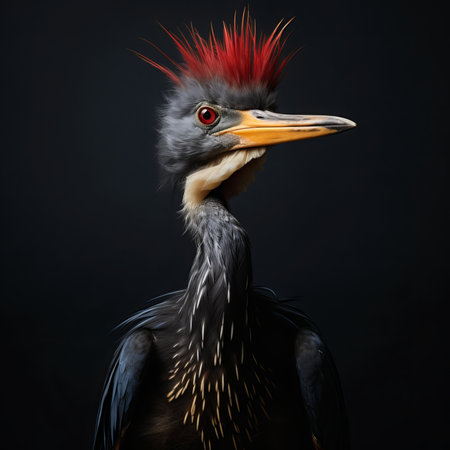 Portrait of a red-crowned crane on a black backgroundの素材