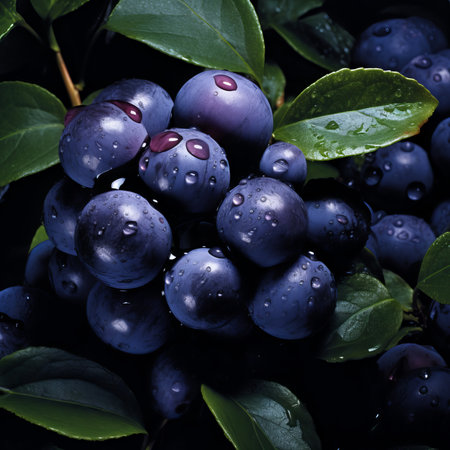 Bunch of ripe blueberries with water drops on a black backgroundの素材