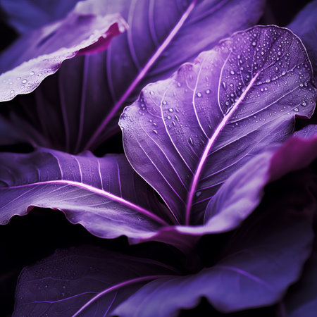 Purple cabbage leaves with dew drops. Abstract purple background.の素材