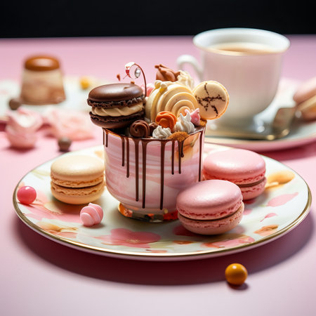Colorful macaroons and cup of coffee on pink background.の素材
