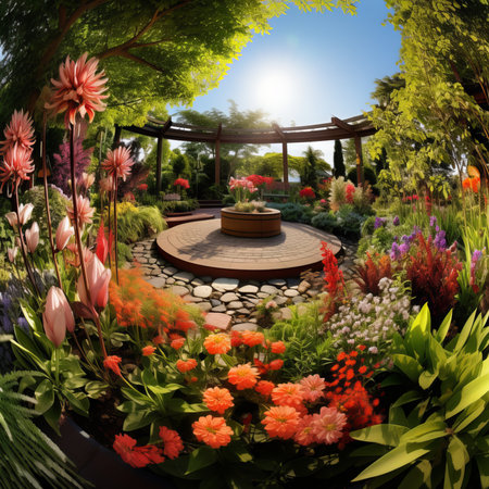 Beautiful garden with flowers and sunlight in the morning.3d renderingの素材