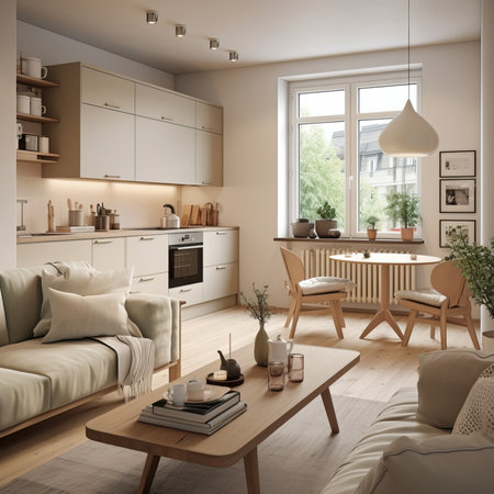 3d Illustration of beige modern kitchen in a loft styleの素材