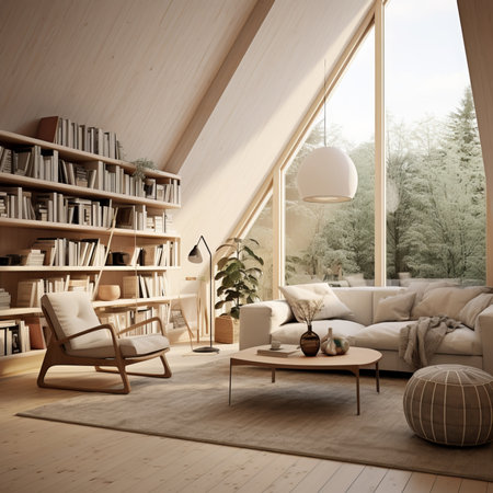 Interior of attic living room with wooden walls, wooden floor, comfortable sofa and bookcase. 3d renderingの素材