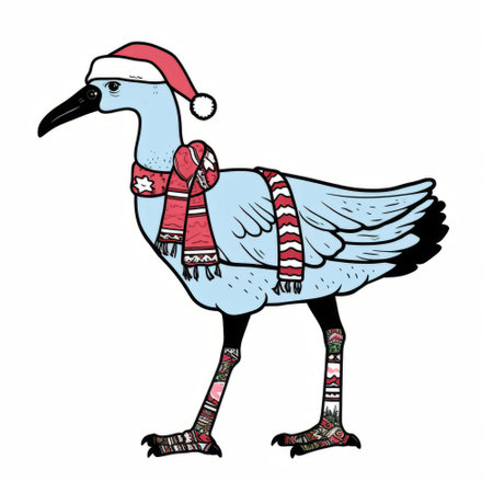 Hand drawn vector illustration of a bird in a Santa Claus hat.の素材