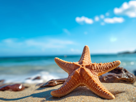 Starfish on the sandy beach with blue sea and sky background.の素材