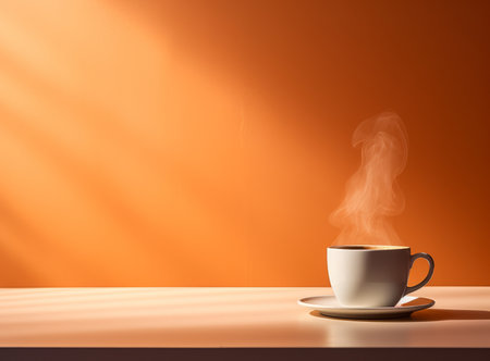 Coffee cup with steam on wooden table and orange background.の素材