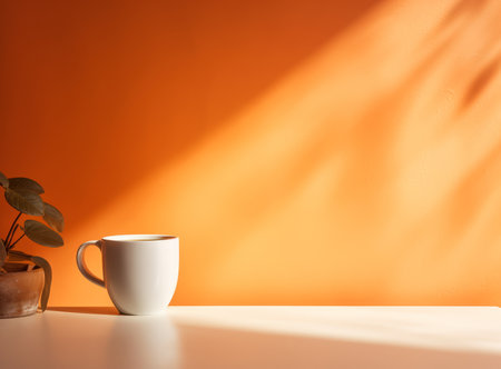 Coffee cup on the table with shadow on orange wall.の素材
