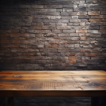 Empty wooden table and brick wall background. For product display montageの素材