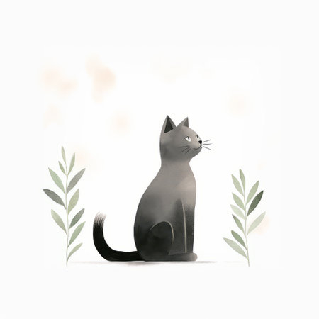 Illustration of a black cat sitting on a white background with leavesの素材