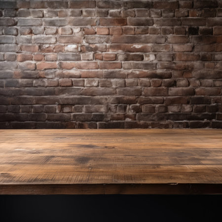Empty wooden table and brick wall background. Ready for product display montageの素材