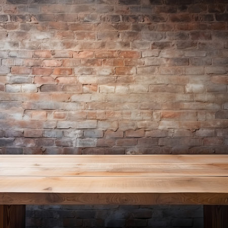 Empty wooden table and brick wall background. For product display montageの素材