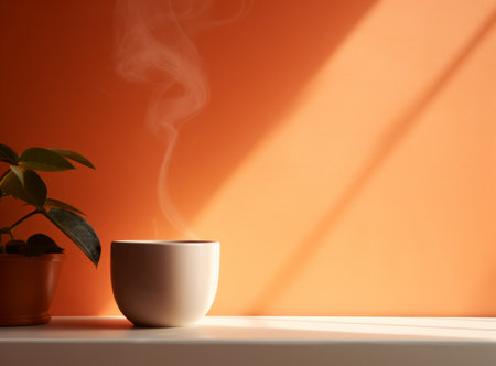 Coffee cup and plant on the table with orange wall backgroundの素材