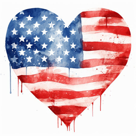 Watercolor heart with American flag on white background. Vector illustration.の素材