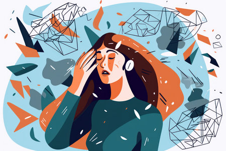 Vector illustration of a young woman listening to music with headphones. Flat style.の素材