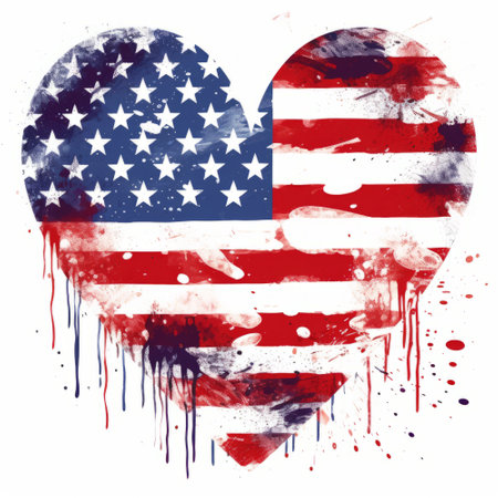 American flag painted in the shape of a heart with splashes of blood.の素材