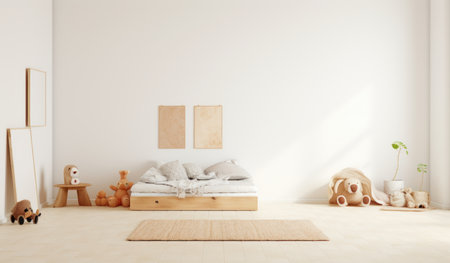Modern child room interior with white walls, tiled floor, comfortable king size bed and wooden toys. 3d renderingの素材