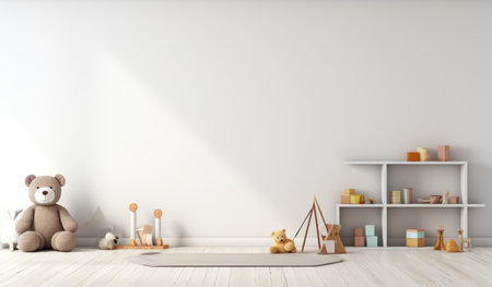 Interior of child room with white wall and teddy bear 3D renderingの素材