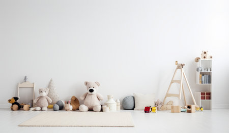 Interior of child room with white wall, teddy bears and toysの素材