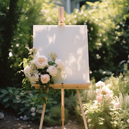 Blank canvas on easel in the garden. Wedding decoration.の素材