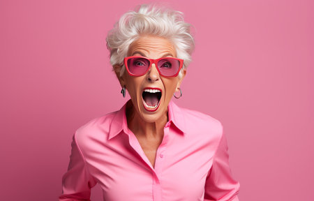 Portrait of happy senior woman in pink shirt and sunglasses on pink backgroundの素材