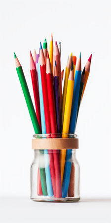 colored pencils in a glass jar on a white background, isolateの素材