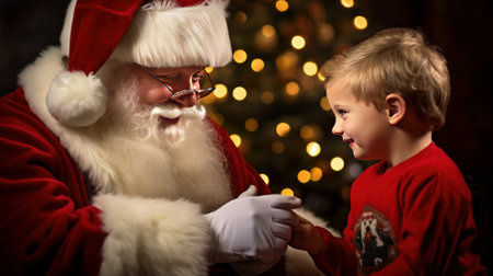 Santa Claus and little boy at home. Christmas and New Year concept.の素材