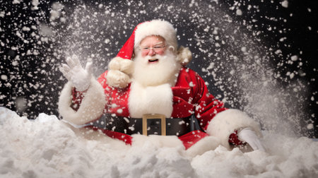 Portrait of Santa Claus sitting on snow and looking at camera.の素材