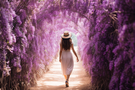 Beautiful asian woman wearing white dress and hat walking in purple wisteria tunnel.の素材