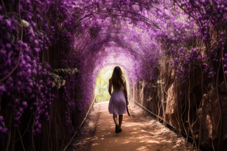 Beautiful purple wisteria tunnel with young woman walking in itの素材