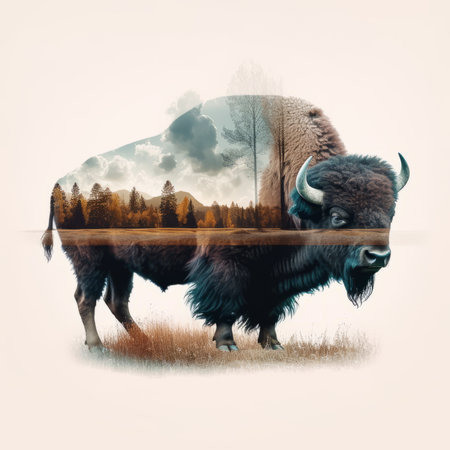 Double exposure of two bison (Bison bison) and nature landscape.の素材