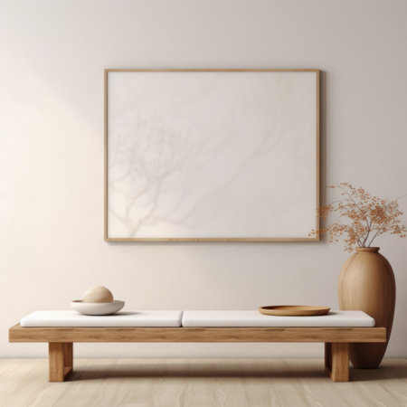 Interior of modern living room with white walls, wooden floor, beige sofa and horizontal mock up poster frame. 3d renderingの素材