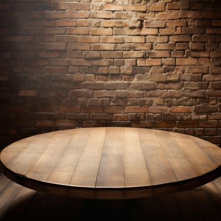 Empty wooden table and brick wall background. For product display montageの素材