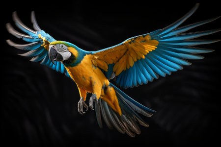 Blue and yellow macaw parrot isolated on black background. 3d renderingの素材