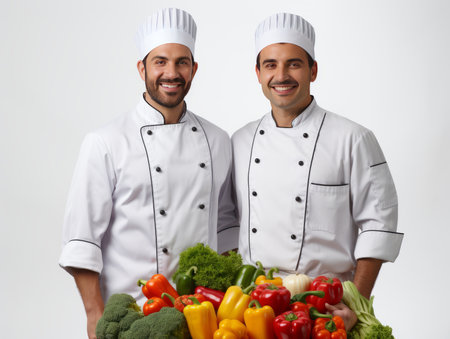 Portrait of two male chefs posing with fresh vegetables over white backgroundの素材