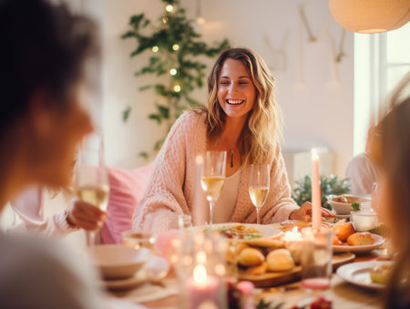 Happy young women celebrating Christmas at home, sitting at the dining tableの素材
