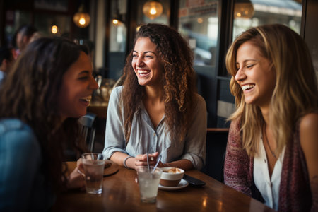 Portrait of smiling female friends having coffee together in a coffee shopの素材