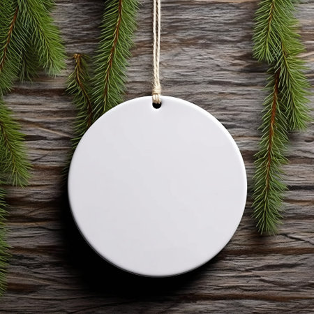Empty white price tag with spruce branches on wooden background. top viewの素材