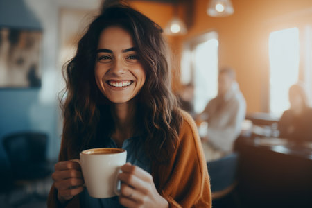 Beautiful young woman drinking coffee and smiling while sitting in cafe.の素材