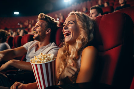 cheerful young couple watching movie and eating popcorn in cinema hallの素材
