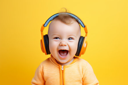 Funny baby boy with headphones listening to music on a yellow backgroundの素材