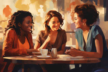 Three young women sitting in a cafe, drinking coffee and talking.の素材