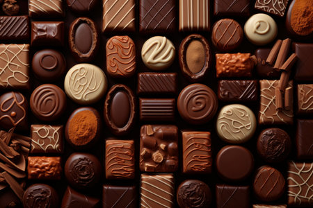 Assortment of delicious chocolate candies as background, closeup viewの素材