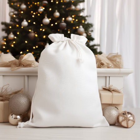 Christmas bag with gifts on the background of the Christmas tree and fireplaceの素材