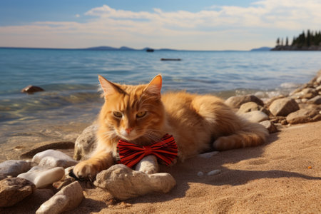 Ginger cat in a red bow tie on the seashoreの素材