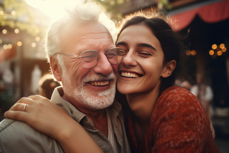 Portrait of a smiling senior couple embracing each other in the city.の素材
