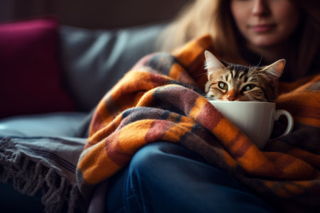 Cute tabby cat lying on the couch wrapped in a warm plaid.の素材